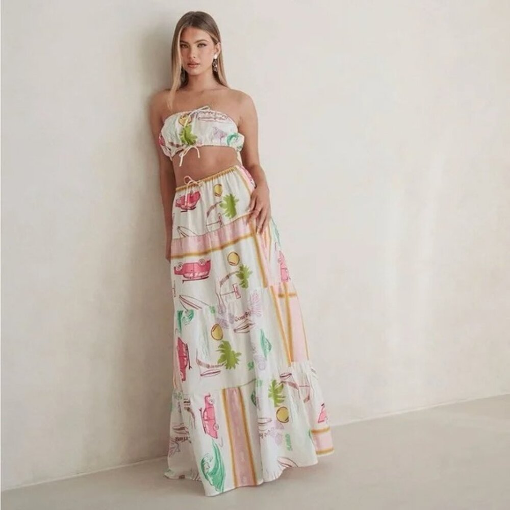 🌴 SABO Aviva Linen Cotton Scarf Calypso Print Maxi Skirt Set Surf Beach Scene